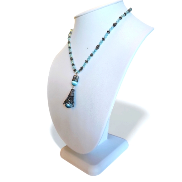 Vintage Aquamarine & Dragon Vein Agate Handcrafted Design Pendant Necklace. - Picture 7 of 7